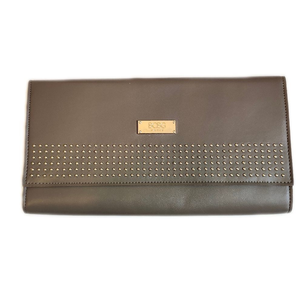 BCBG taupe tan clutch purse, metallic stud details, 11.5" x 6.5"